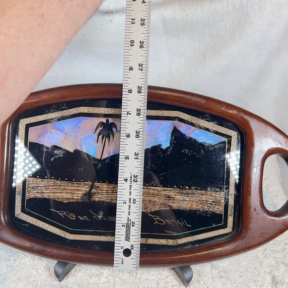 Vintage Iridescent Real Butterfly Wing Artwork Brazil Wood Tray Rio De Janeiro - Picture 5 of 12